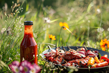 Fototapeta na wymiar Summer BBQ Picnic in Nature. A bottle of homemade chili sauce sits prominently in the sun-drenched meadow, accompanied by a plate of grilled meats and vibrant vegetables, ready for a summer feast.