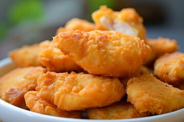 Closeup of delicious golden fried chicken tenders served in a white bowl