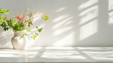 Table background of free space and kitchen interiorWhite wall with shadows and sunny warm morning timeCopy space for your composition Easter table with spring flowers in a sunny April  : Generative AI