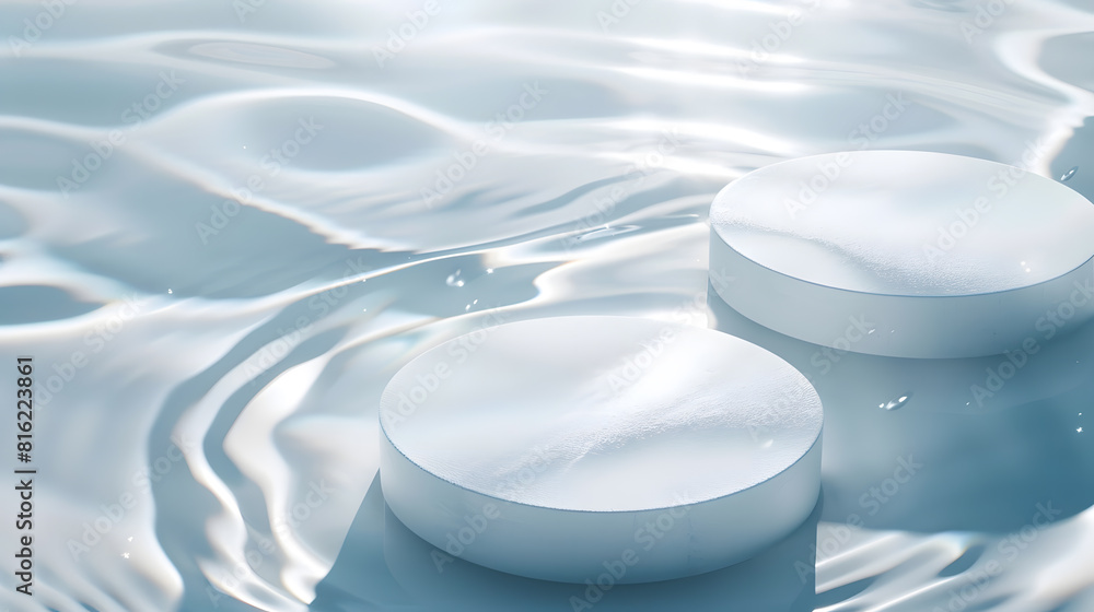 Fototapete two empty clear white circle podiums on transparent calm water texture with splashes and waves in su