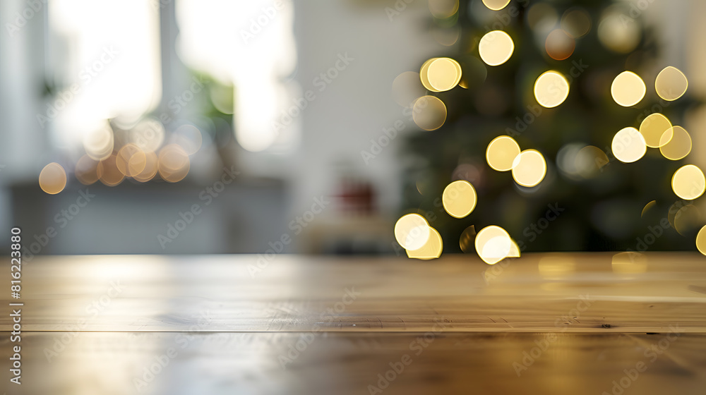 Aufkleber corner of table with empty space for your product blurred home interior and christmas time copy spac