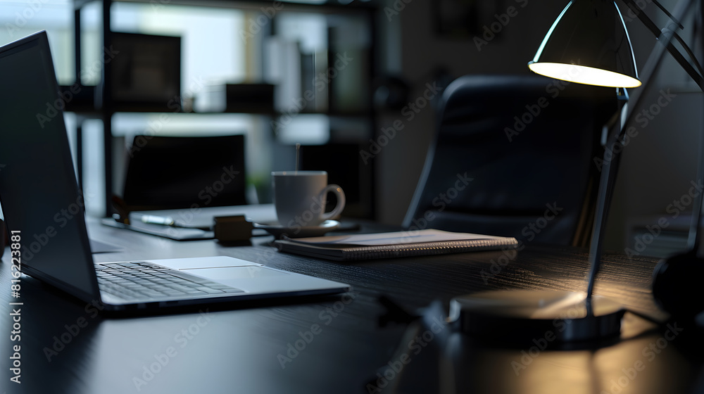 Poster Desk workspace  Business Objects in the office on black table background : Generative AI