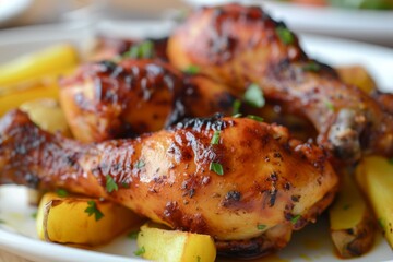 Closeup of succulent bbq chicken drumsticks with golden roasted potatoes, garnished with parsley