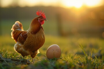 Proud rooster stands beside a fresh egg as the sun sets, casting a warm glow over the farm