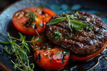 Gourmet grilled steak with herbs and tomatoes