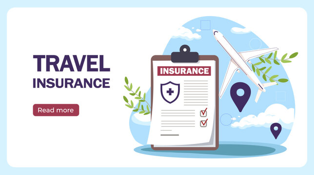 Travel insurance concept with clipboard, airplane and map. Vector illustration