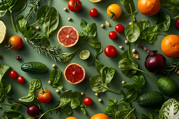 Fresh assorted vegetables and citrus fruits on green background