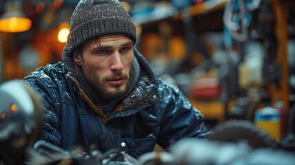 Fototapeta premium a mechanic in a dark blue jumpsuit changing a cars breaks,generative ai
