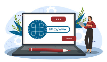 Woman with a laptop beside a large web browser interface on a laptop screen, symbolizing online concepts. Flat vector illustration