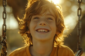A young boy with a joyful smile swings back and forth on a swing.