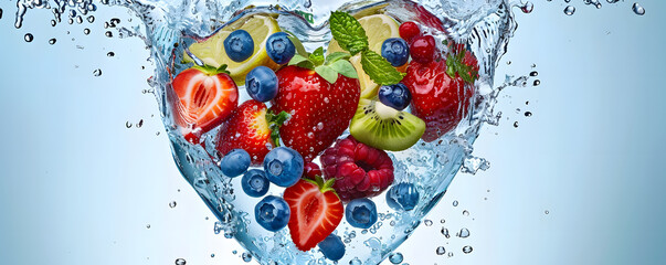 Fresh berries and fruit splashing in water