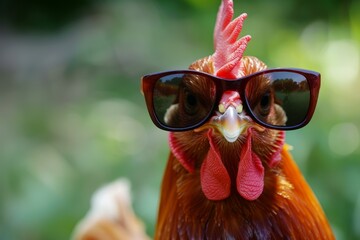 Humorous closeup of a red chicken wearing oversized sunglasses against a blurred green background
