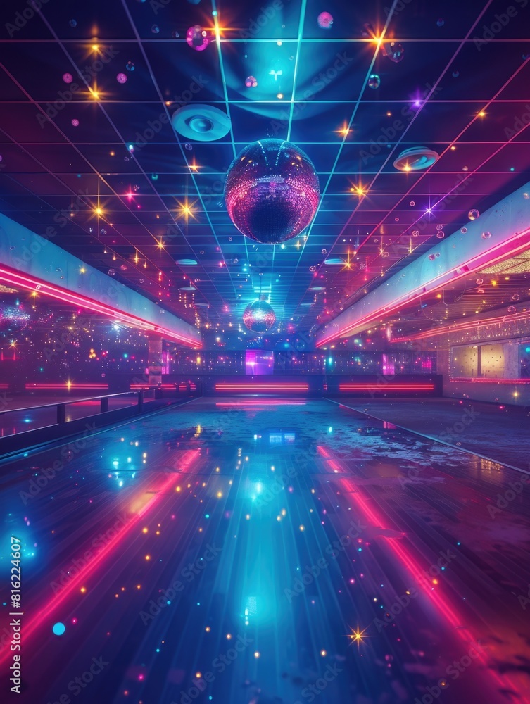 Wall mural A neon room with a blue and red floor and a large disco ball