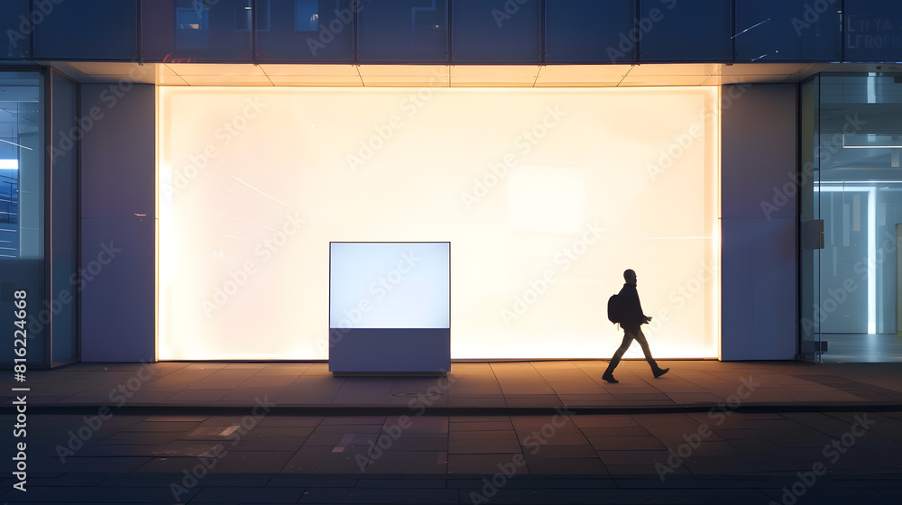 Aufkleber Man walking by evening empty shop window with podium inside for your product presentation on glowing white background in modern building area outdoors mock up : Generative AI