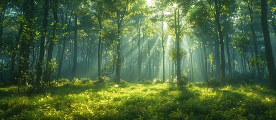 Obraz premium Sunlight filtering through green forest