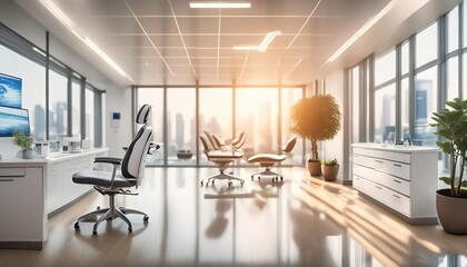  Blurred dental clinic background. Defocused interior of modern dental office.