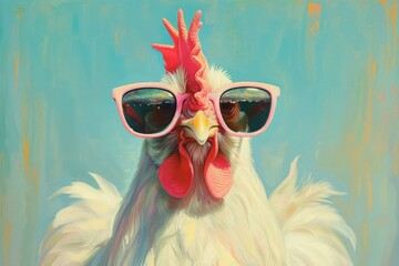 Hipster white chicken donning stylish pink sunglasses, set against a textured blue backdrop
