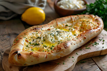 Freshly baked cheese boat with egg