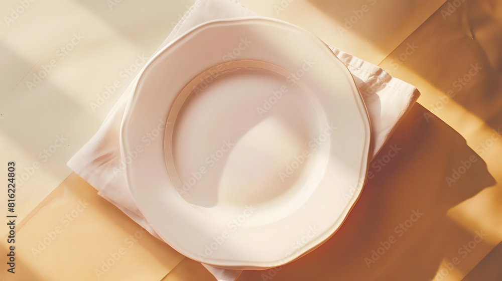 Aufkleber Top view on colored background empty round white plate on tablecloth for food Empty dish on napkin with space for your design : Generative AI