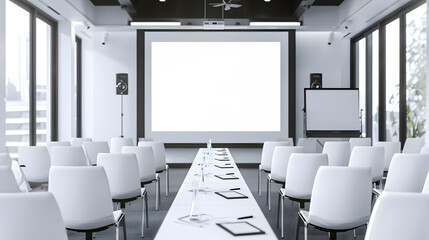 Projector screen canvas in modern conference room with big windows Side viewEmpty classroom or presentation room interior with desks chairs and whiteboard : Generative AI