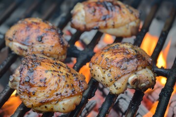 Closeup of succulent barbecued chicken thighs on a grill, with fiery coals below