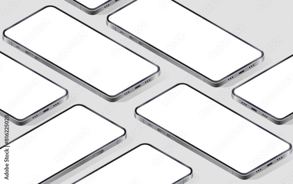 Aufkleber isometric vector phone mockup - template of mobile phones laying showing blank white screen in persp