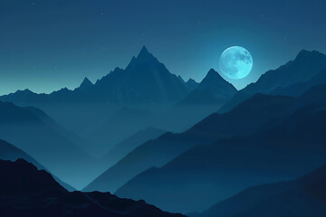 Scenic mountains silhouetted against the moon, fragmented for a mystical and captivating effec
