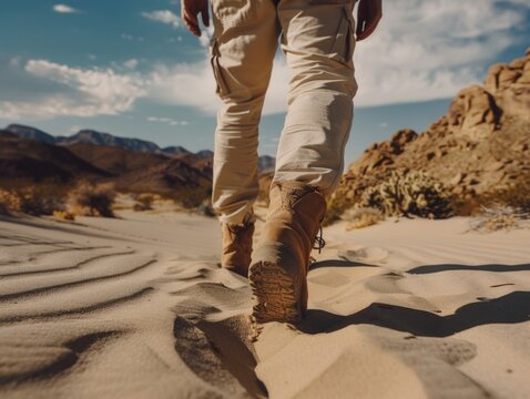 A man is walking on a sandy beach with his feet in the sand