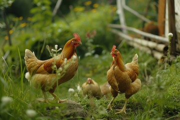 Pair of healthy chickens explore a vibrant garden, depicting sustainable farming