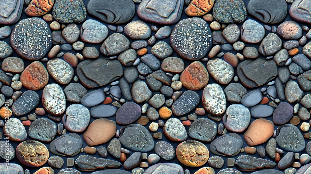Poster a high-resolution zoom-in of a multi-colored stone wall, featuring diverse rock sizes stacked on top