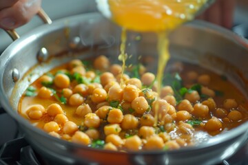 Hand whisking a fresh egg into a savory skillet of cooked chickpeas and herbs