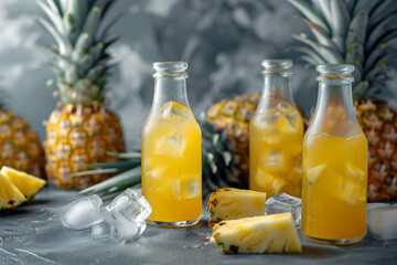 Fresh pineapple juice in glass bottles with ice