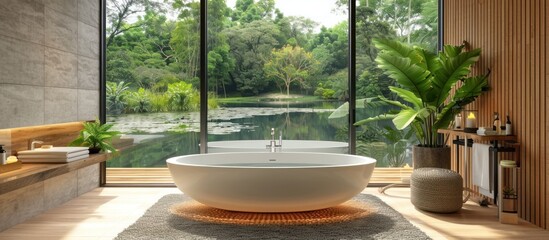 Luxurious bathroom with large tub overlooking pond