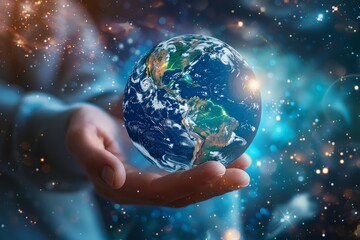 A mesmerizing image showing a hand holding a glowing Earth against a backdrop of a star-studded cosmos, symbolizing universal connection and stewardship