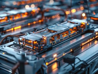 A computer chip is shown in a close up with many wires and lights