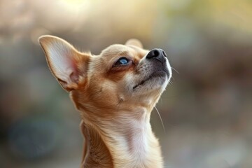 Contemplative chihuahua gazes upward during a serene golden hour, with a soft focus background