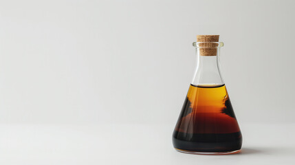 brown orange iodine solution in conical flask on white background, copy space concept