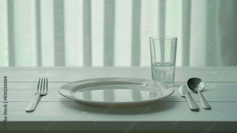 Poster an empty flat plate an empty glass tumbler and cutlery on a white wooden table table setting : gener