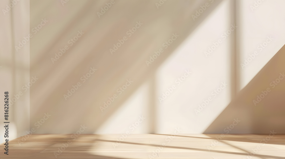 Poster aesthetic geometric sunlight shadows on a white textured wall and beige wooden floor empty template 
