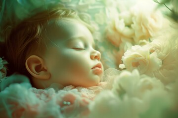 Peaceful scene of a young child sleeping surrounded by a soft floral environment
