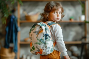 Young child with curly hair stands ready with a colorful backpack, looking back with curiosity