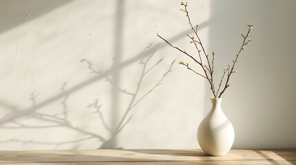Decorative vase with branches at wooden table near bright wall : Generative AI