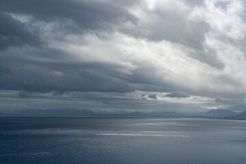 Sea landscape with bad weather and stormy cloudy sky in Sicily, Italy, Europe	
