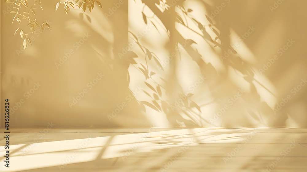 Poster Minimalistic abstract gentle light beige background for product presentation with light andand intricate shadow from the window and vegetation on wall : Generative AI