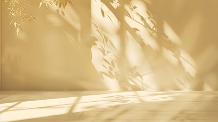 Minimalistic abstract gentle light beige background for product presentation with light andand intricate shadow from the window and vegetation on wall : Generative AI