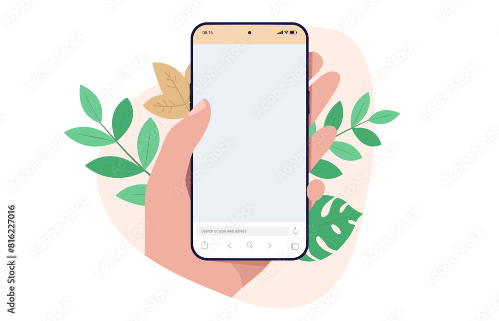 Leinwandbilder Phone in hand vector mockup - Template of mobile smartphone with empty blank screen in front view flat design with floral leaves decoration and white background