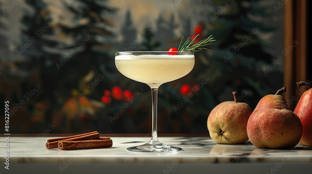 Poster a close-up of a drink in a glass on a table with apples and cinnamon in front of a painting