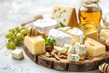 Assorted cheese platter with honey and nuts