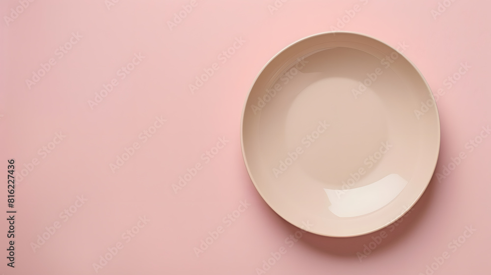 Poster Top view of isolated of colored background empty round beige plate for food Empty dish with space for your design : Generative AI