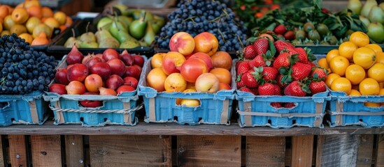 Variety of fruit in crates on wooden table